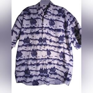 Nautical Print Button-Up Shirt in White and Navy 100% Cotton Short Sleeve Size L